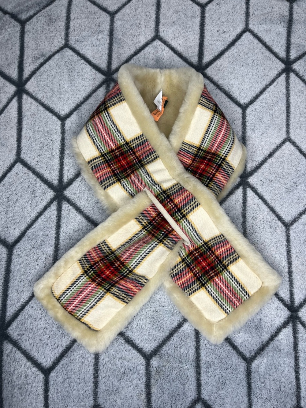 J Crew Cream Plaid Shearling Wool Fur Trim Scarf
